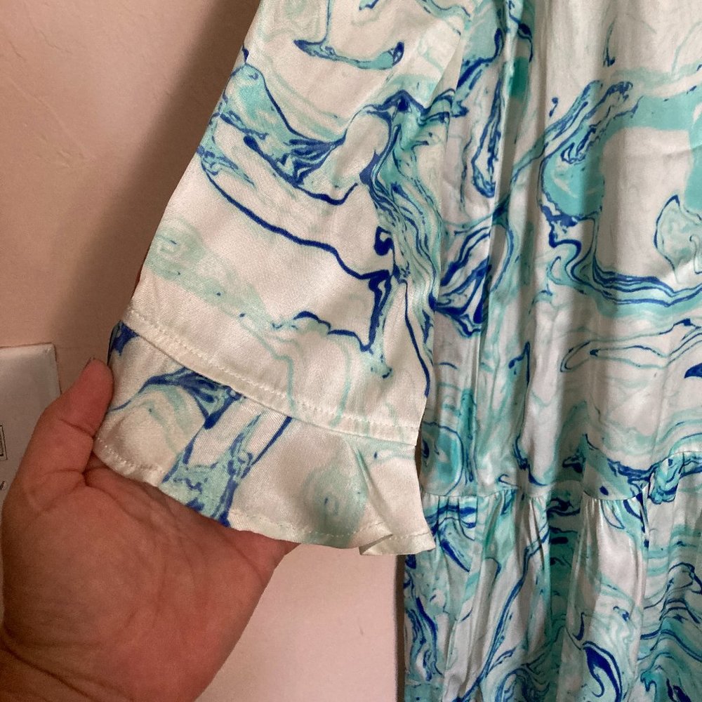 NWT Caryn Vallone Knee Length Dress Long Sleeve Blue Marble Swing Satin XS - Picture 8 of 9